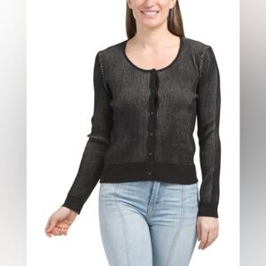 NWT - Rain + Rose Black & Beige Ribbed Crew Neck Cardigan - Size M